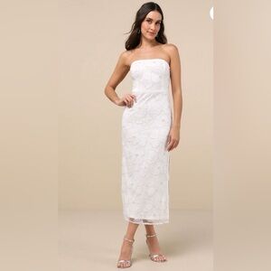 NWOT lulus Loving Mentality White Tulle Beaded Strapless Midi Dress READ